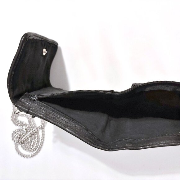Mini Crossbody 4.5" Clutch Wallet Black Leather Silver Chain Strap Vintage - Picture 5 of 7